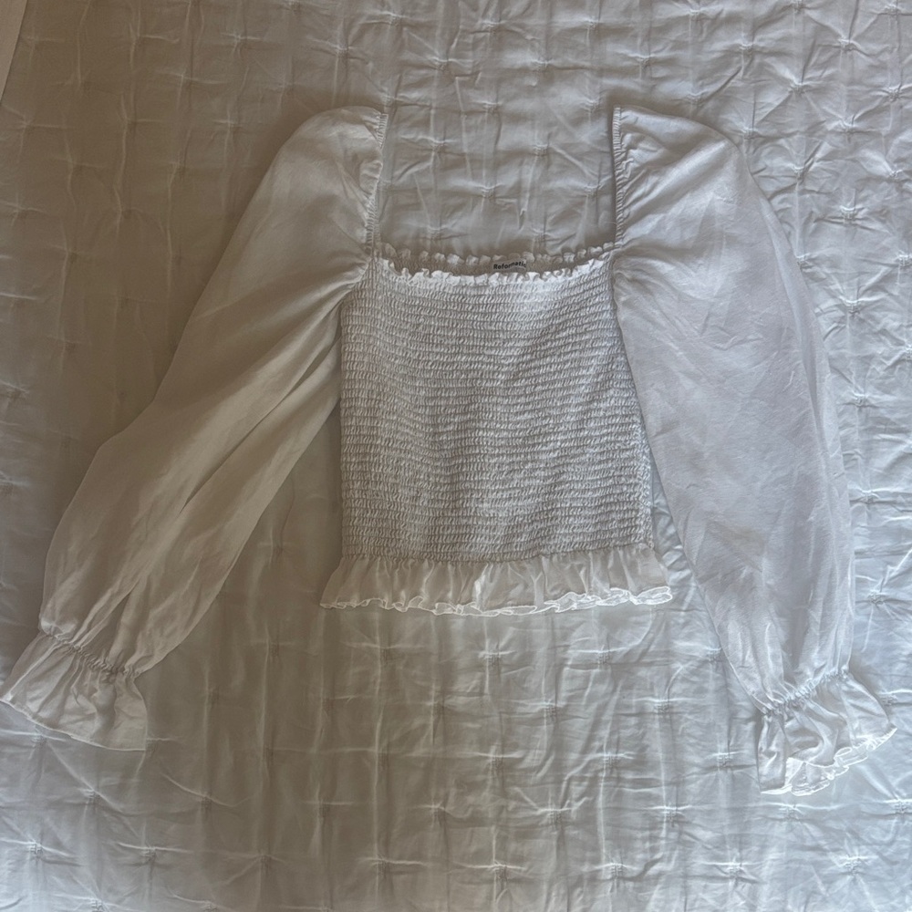 Reformation Clementine Linen White Smocked Puff Sleeve Blouse